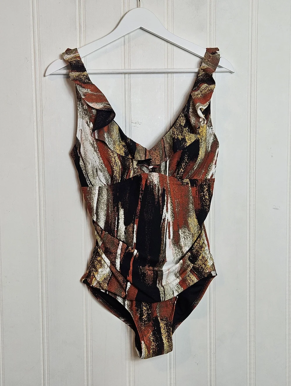 DKNY Ruffle Plunge Underwire One Piece Swimsuit Tummy Control M NWT - Picture 2 of 15